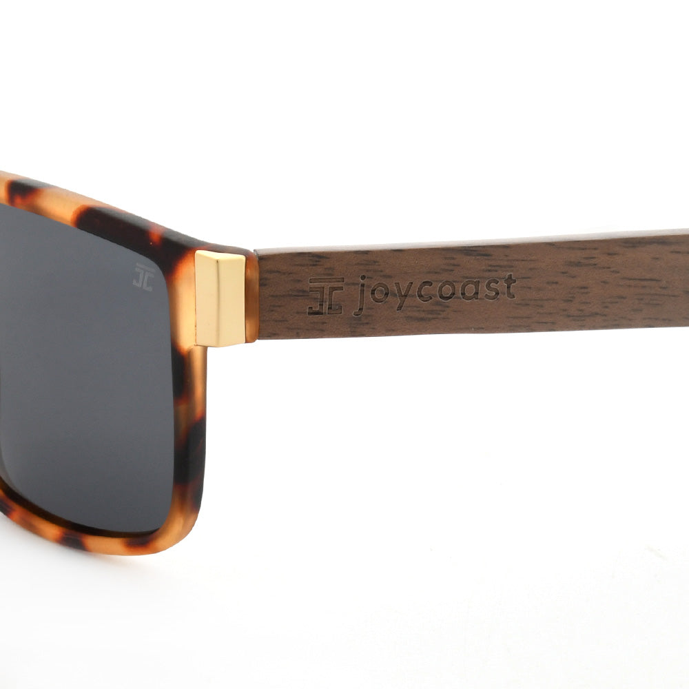 Tigers sunglasses close-up of tortoiseshell lens frame and gold hinge