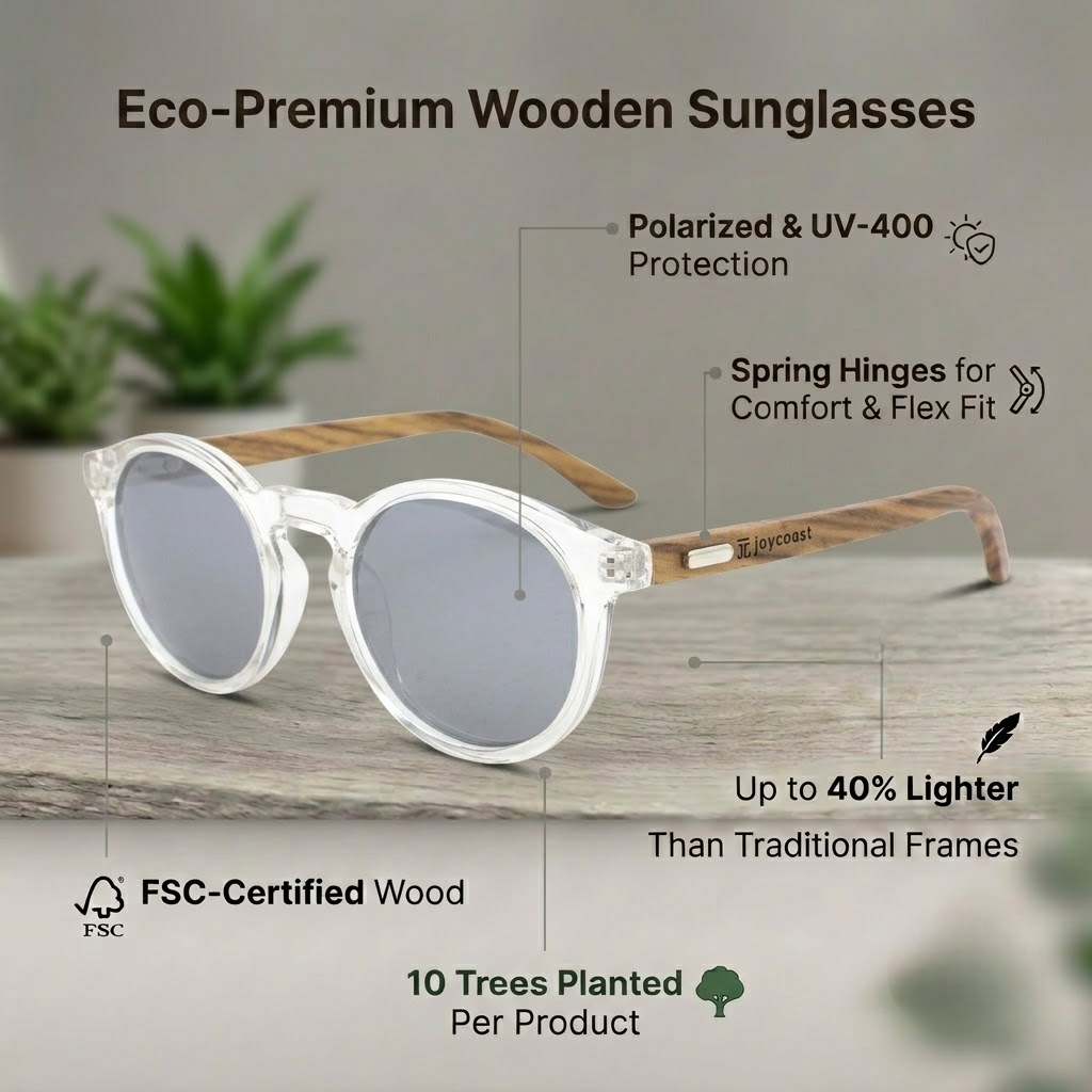 Wooden sunglasses with round gray lenses and light walnut frames