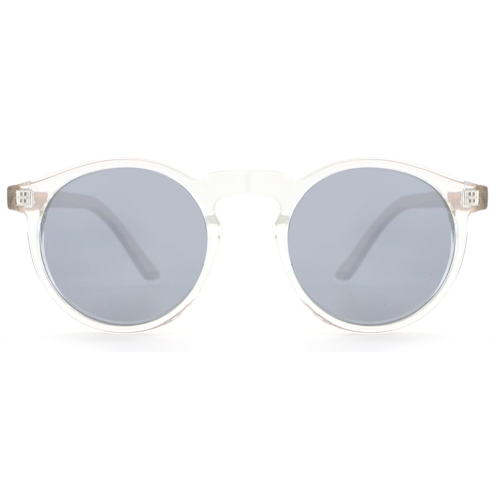 Round acetate sunglasses with clear frame and dark grey lenses, metal hinge details