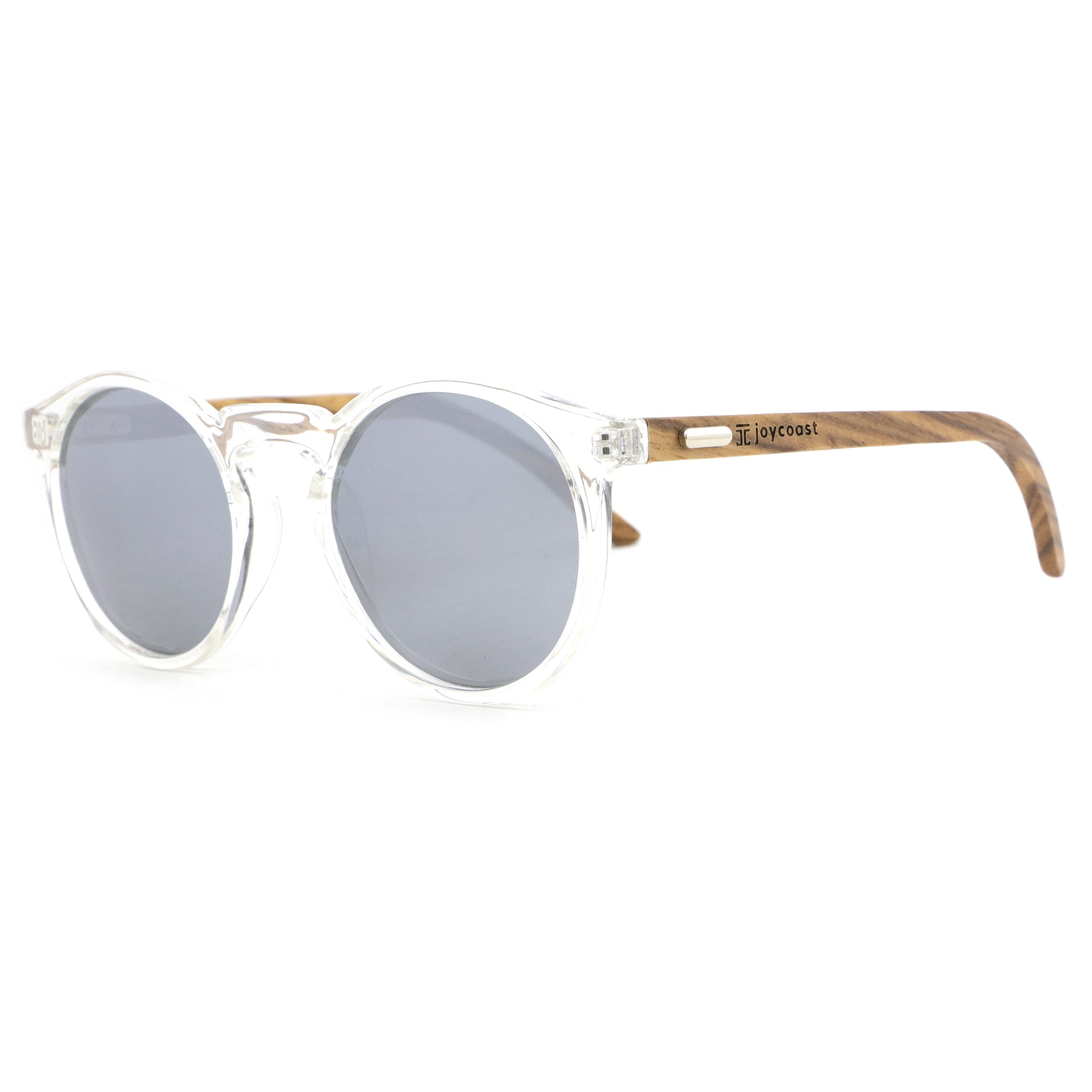 Joycoast round sunglasses with clear acetate frames, dark grey lenses, wood temple arms
