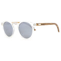 Joycoast round sunglasses with clear acetate frames, dark grey lenses, wood temple arms