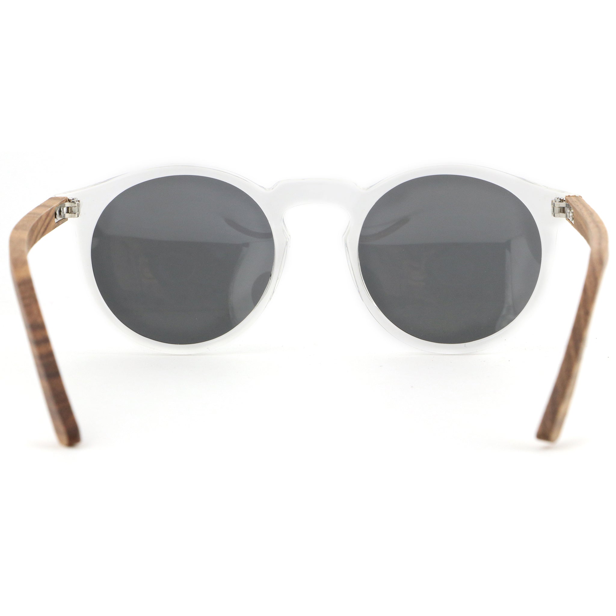 Round sunglasses with dark grey lenses, clear acetate front, and light wood temple tips