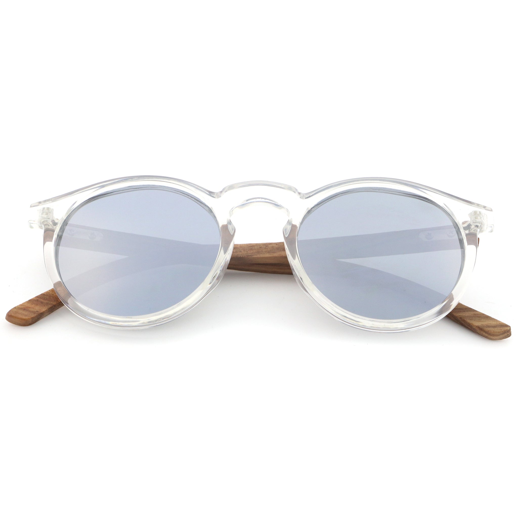 Round sunglasses front view with clear acetate frame, dark grey lenses, and wood arms
