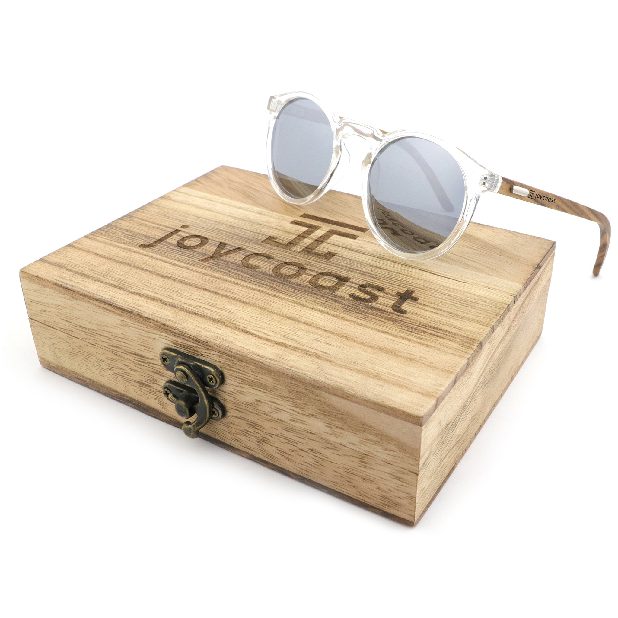 Round sunglasses with clear acetate frame, dark grey lenses, and light wood temple arms