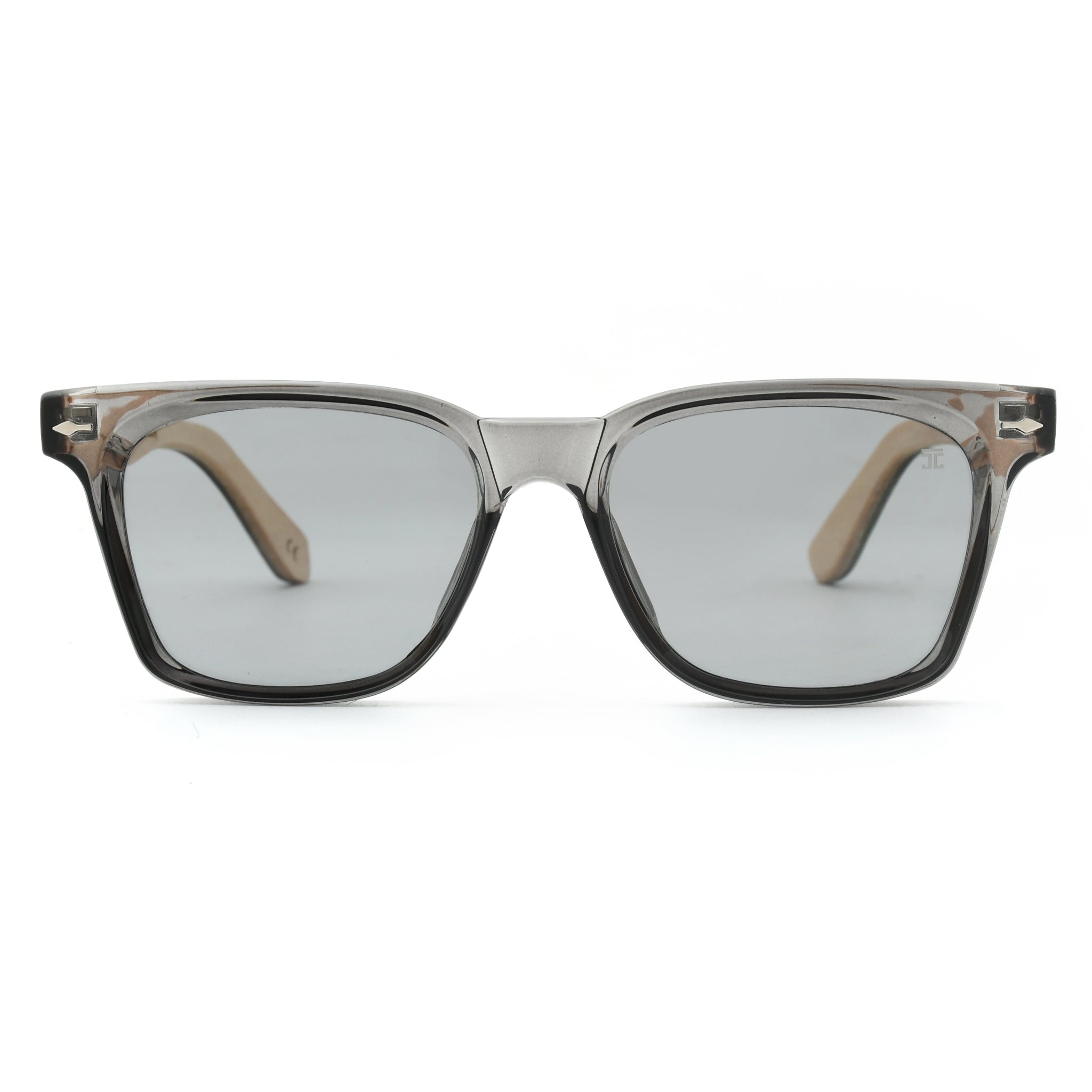Kids square sunglasses with clear frame and light tan temples, light gray lenses