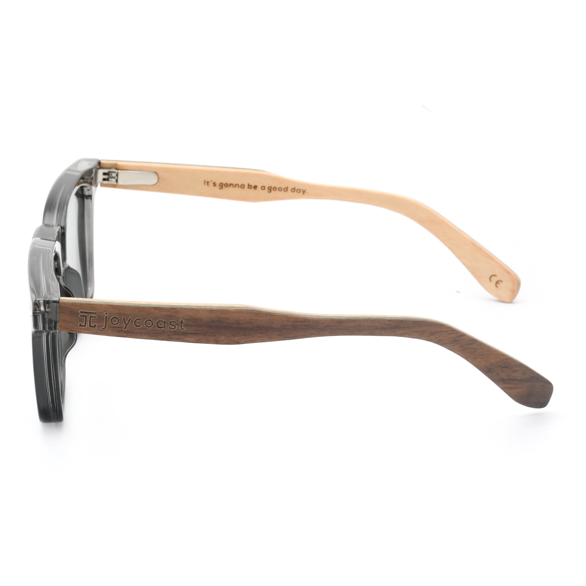 Kids square sunglasses with clear dark frame and tan wood temples, gray lenses