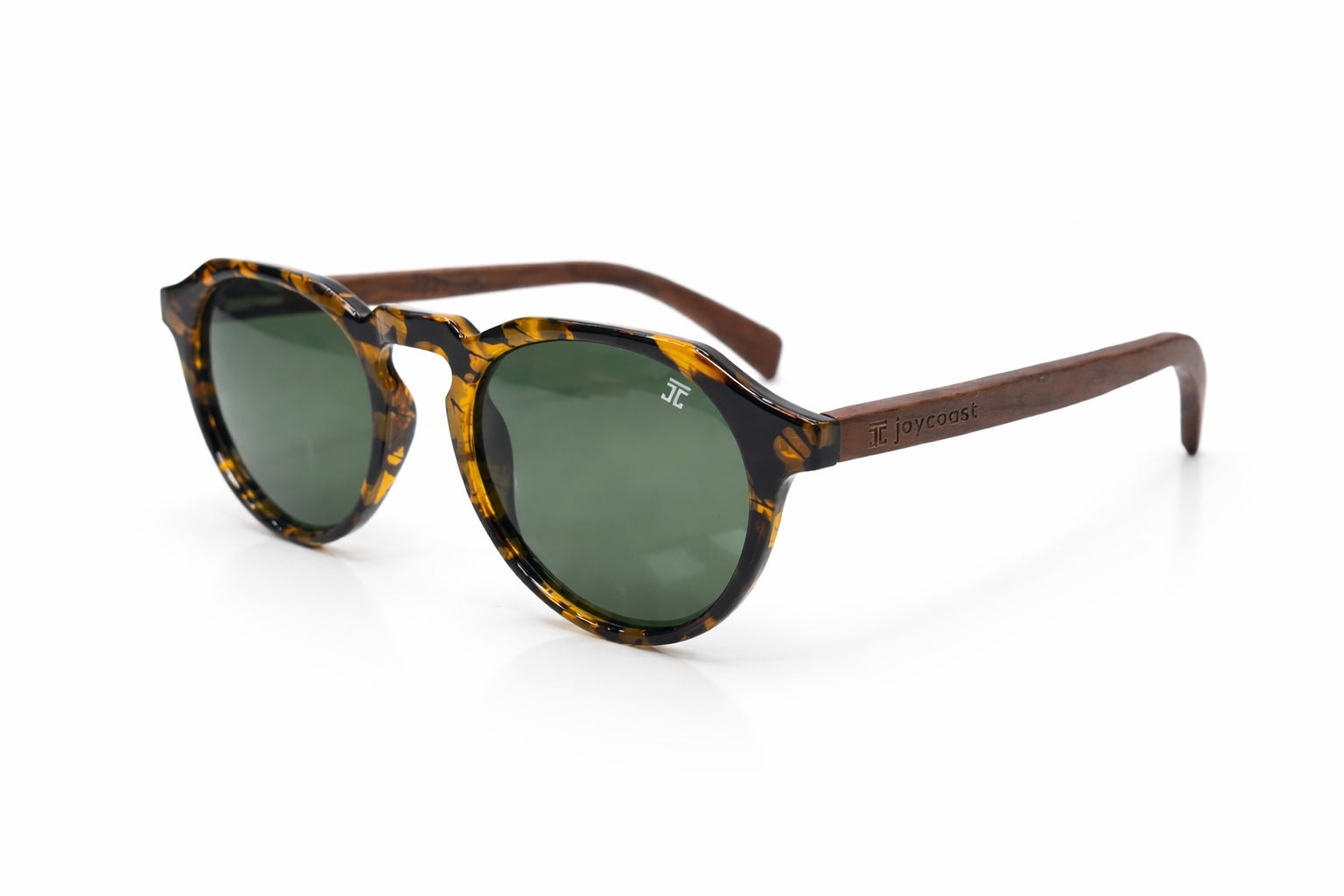 Kids round sunglasses with tortoiseshell frame, green lenses, Joycoast UV400
