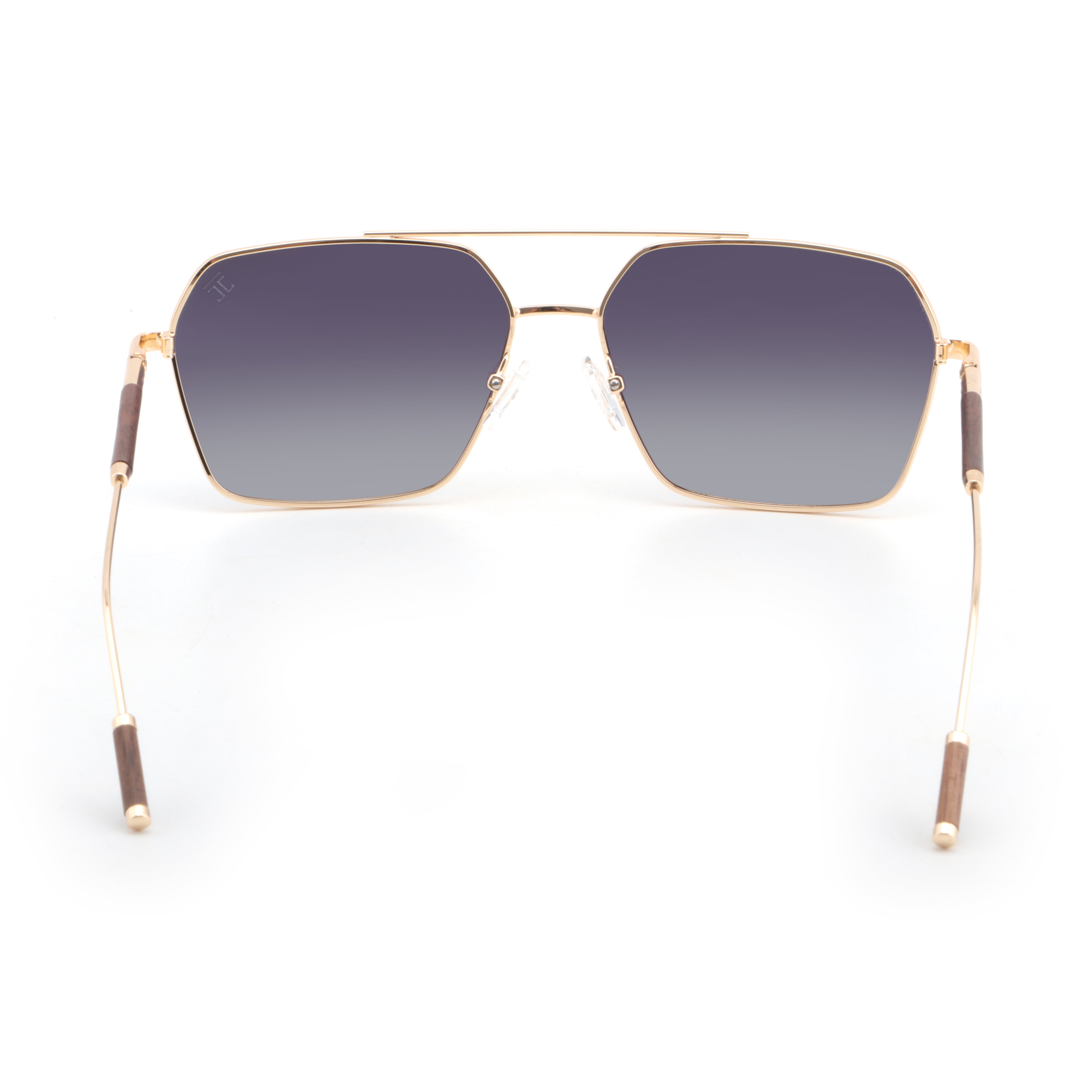 Square aviator sunglasses, dark lenses, gold bridge, light wood temple tips