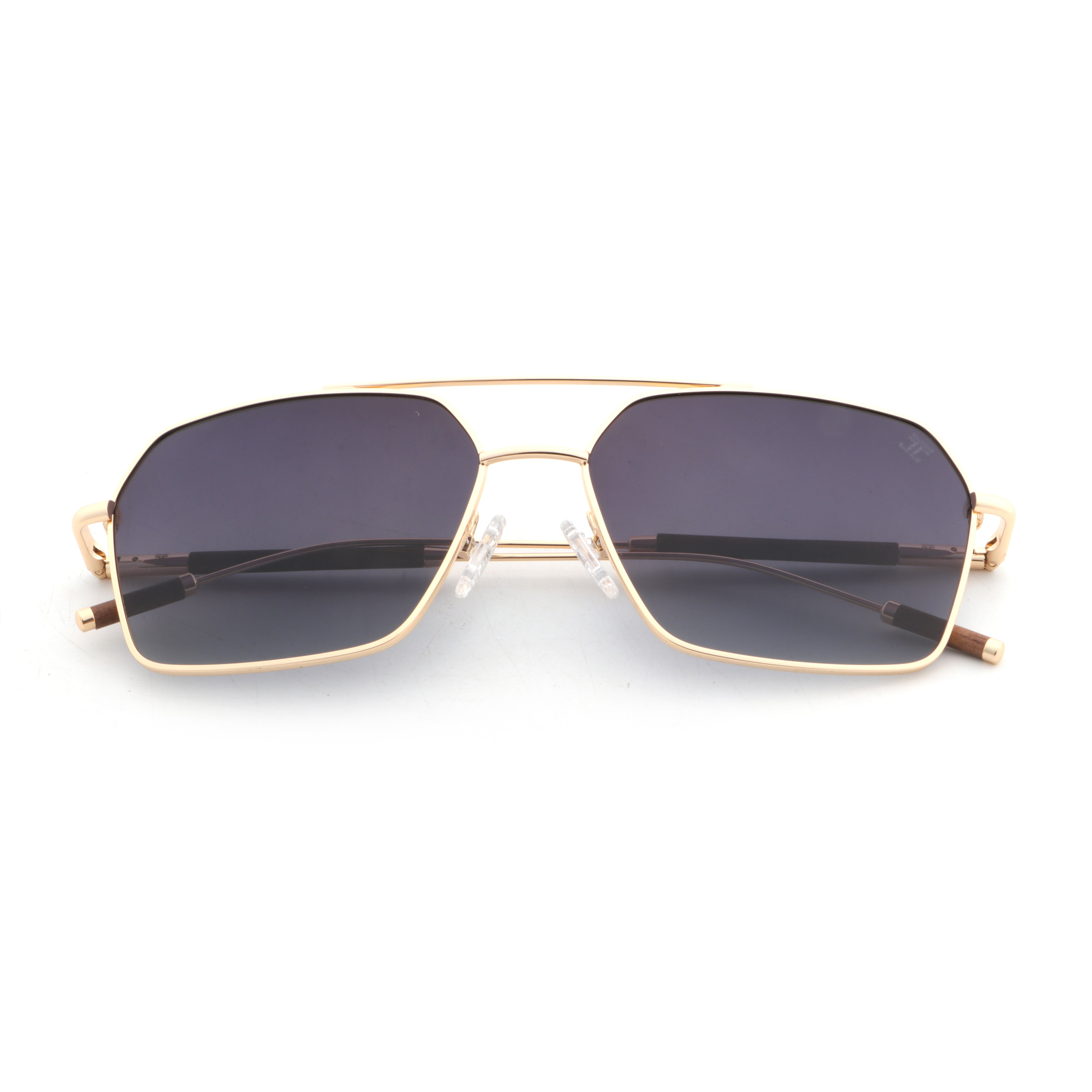 Square aviator sunglasses with dark lenses, gold frame, light wood temple accents