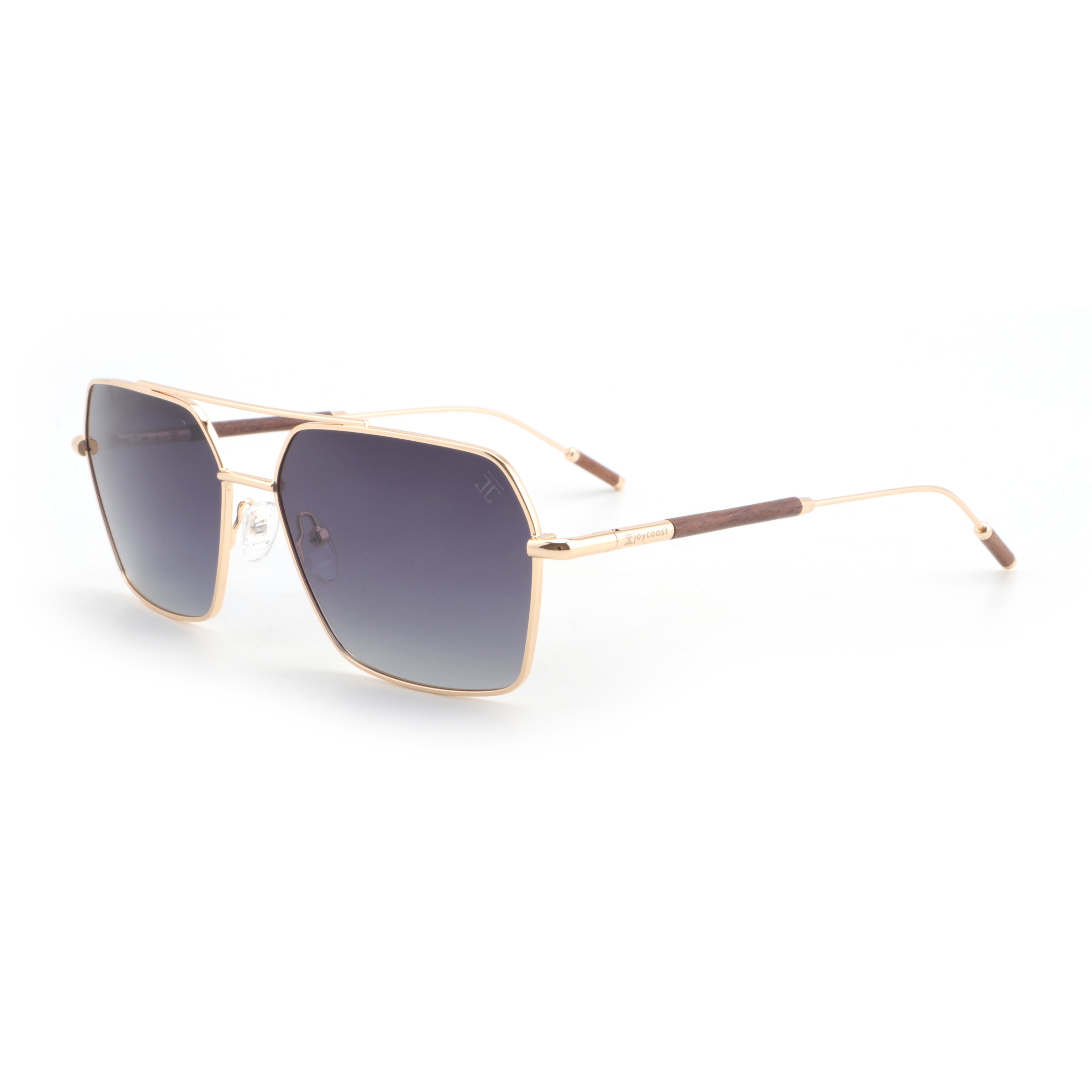Square aviator sunglasses with dark lenses, light wood temples, gold frame