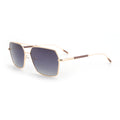Square aviator sunglasses with dark lenses, light wood temples, gold frame