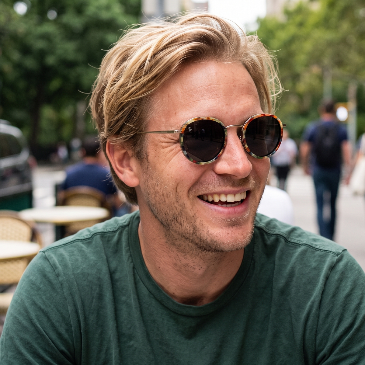 Round wooden-frame sunglasses with dark lenses