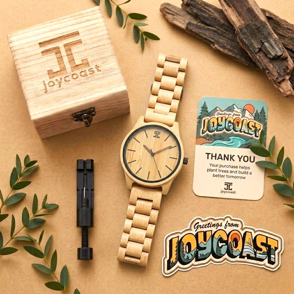 Bamboo wood wristwatch on surface, round tan dial with black bezel and markers.