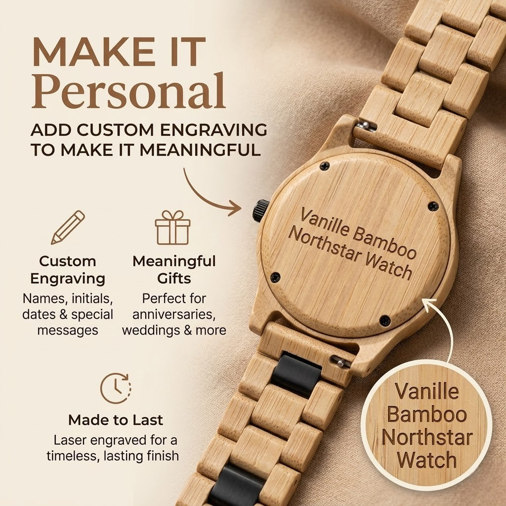 Bamboo wristwatch case close-up with engraved back and interlocking wood band.