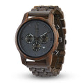 Sandalwood chronograph watch with black dial, Roman numerals, three subdials, link bracelet