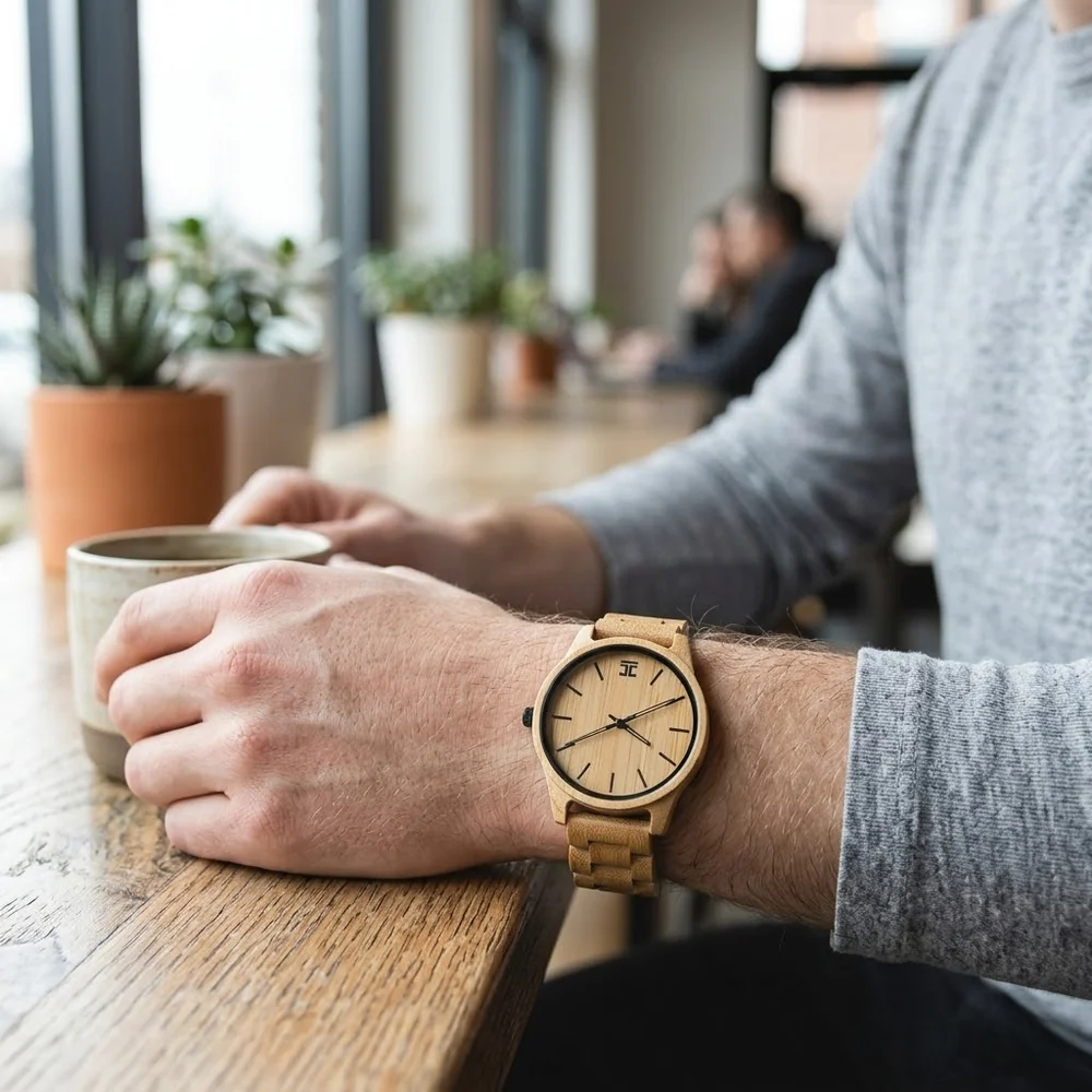 Northstar bamboo watch with round tan dial and light brown strap on wrist