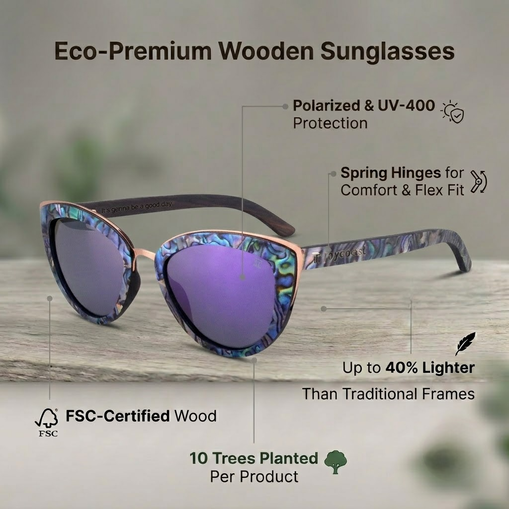  Eco-friendly wooden sunglasses crafted from premium wood, showcasing a stylish and sustainable design.