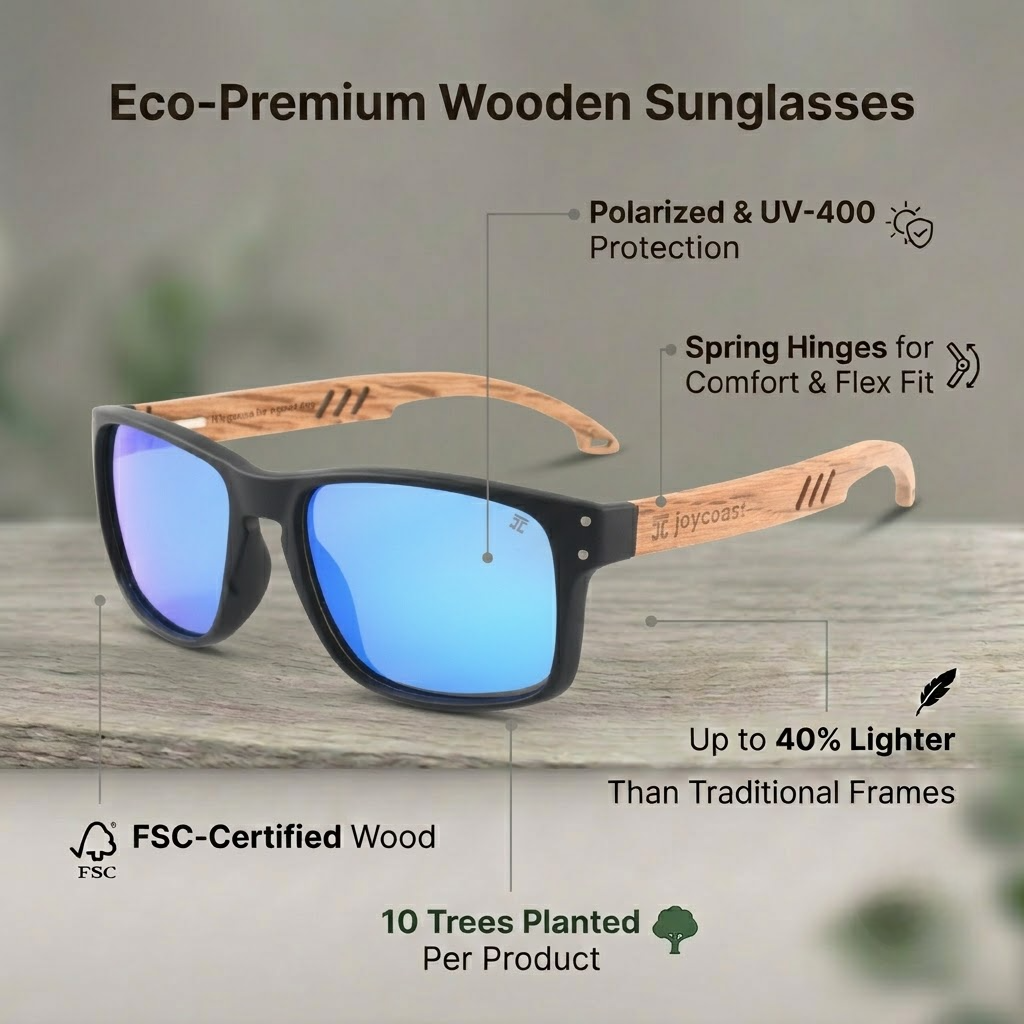 Eco-friendly bamboo sunglasses with polarized lenses, showcasing a stylish wooden design for sustainable fashion.