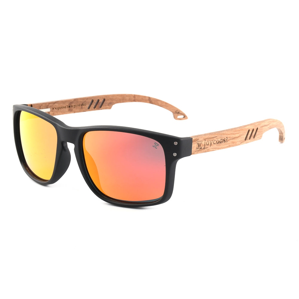Vents Sporty sunglasses with black frame and mirrored orange-pink lenses, wood arms