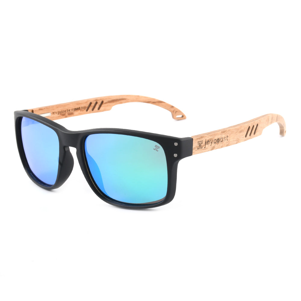 Sporty sunglasses angled view with black frame, wood temples, and blue mirrored lenses