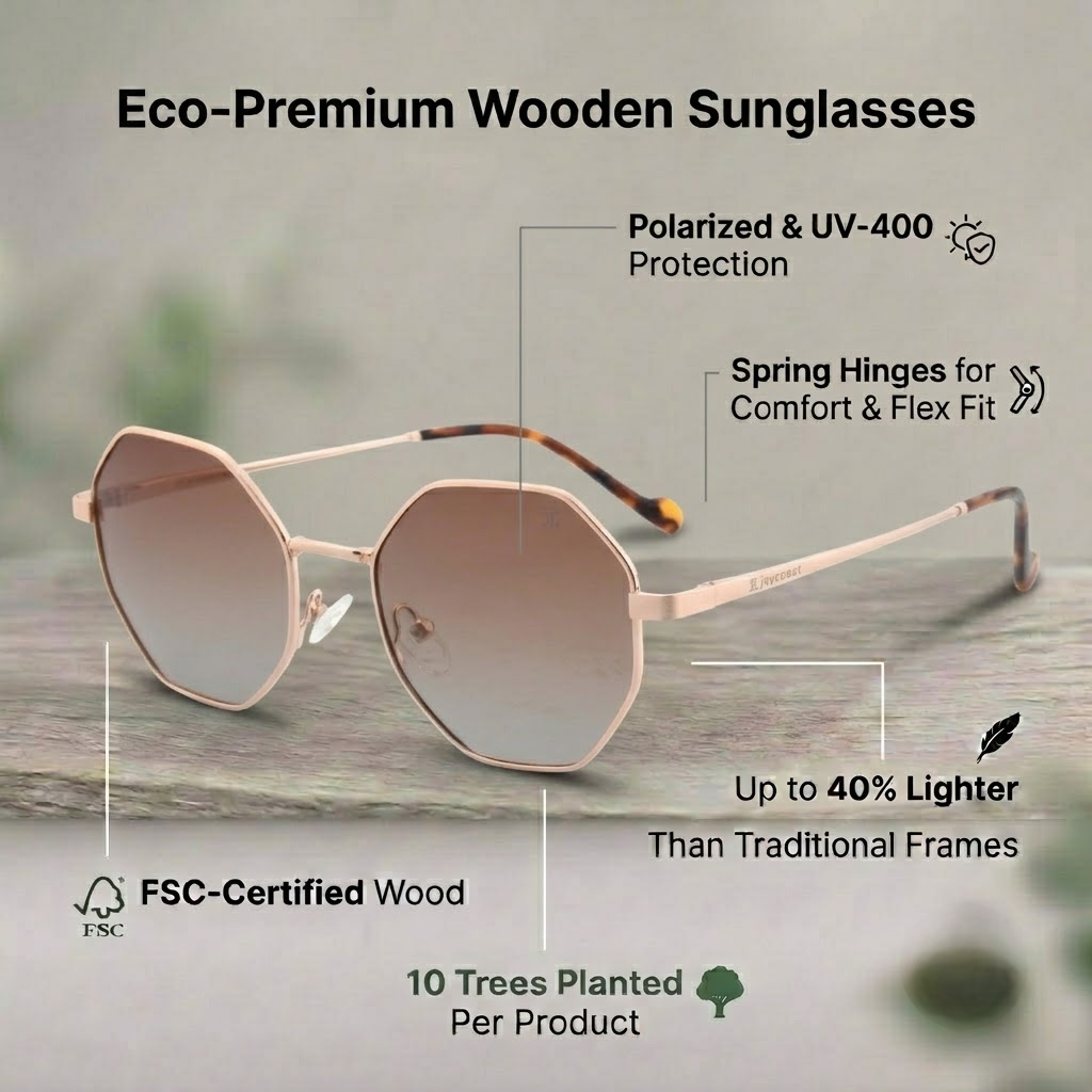 Rose-gold hex sunglasses with brown gradient lenses and tortoise-pattern temple tips