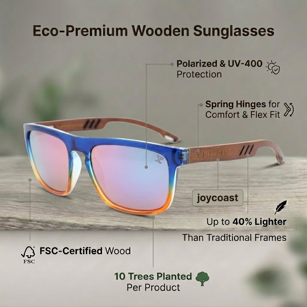 Blue square sunglasses with orange-tinted lenses and wood temple arms