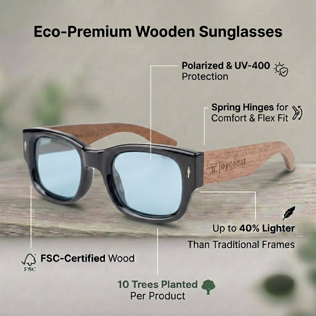 Wavy walnut round sunglasses with dark frame and blue tinted lenses