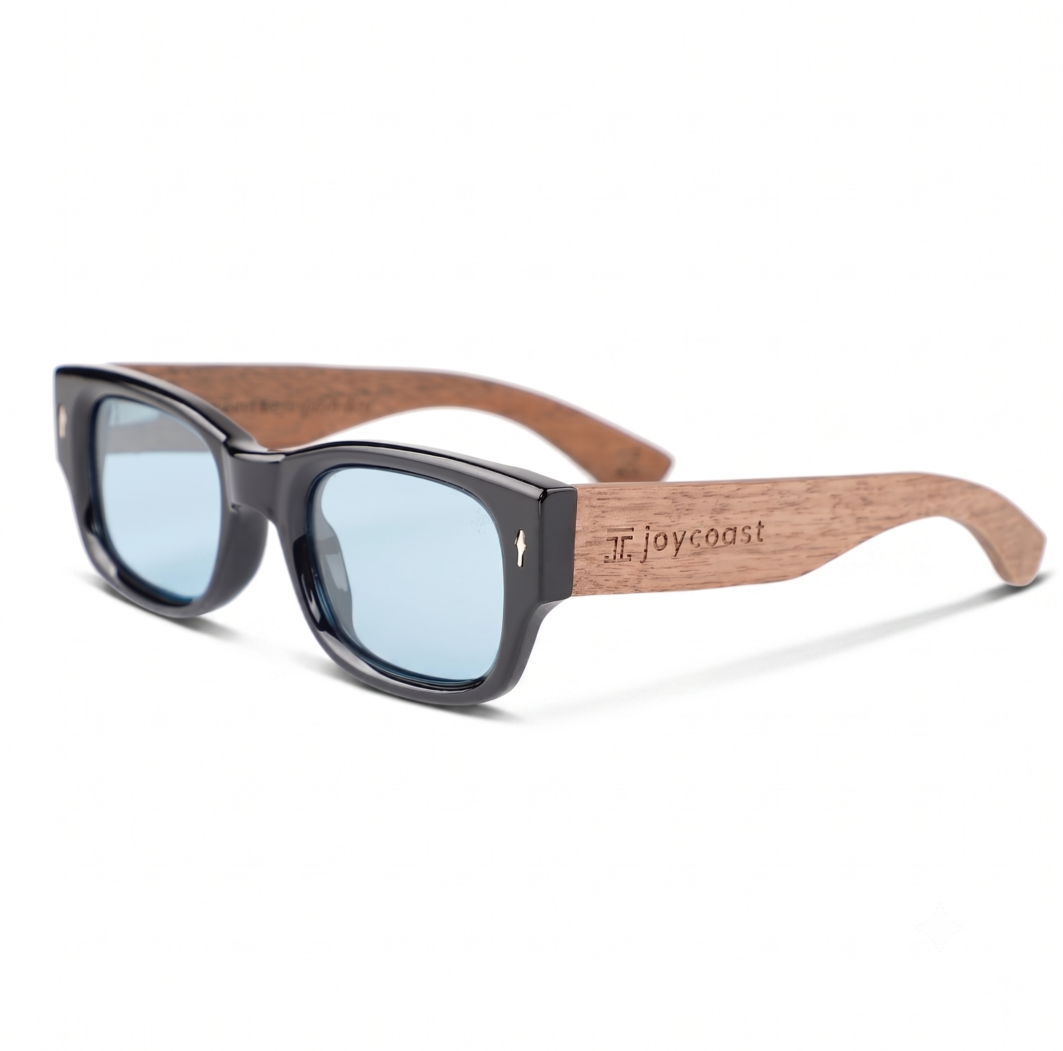 Round sunglasses with dark plastic frame, blue lenses, and walnut wooden temples