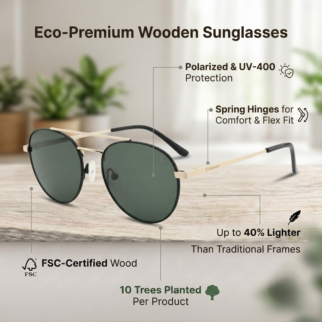 Round sunglasses with dark green lenses and light-toned metal frame, protective eyewear
