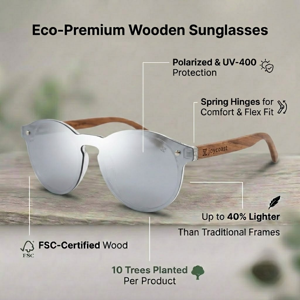 Round sunglasses with silver frame, light gray lenses, and wood-tone temple arms