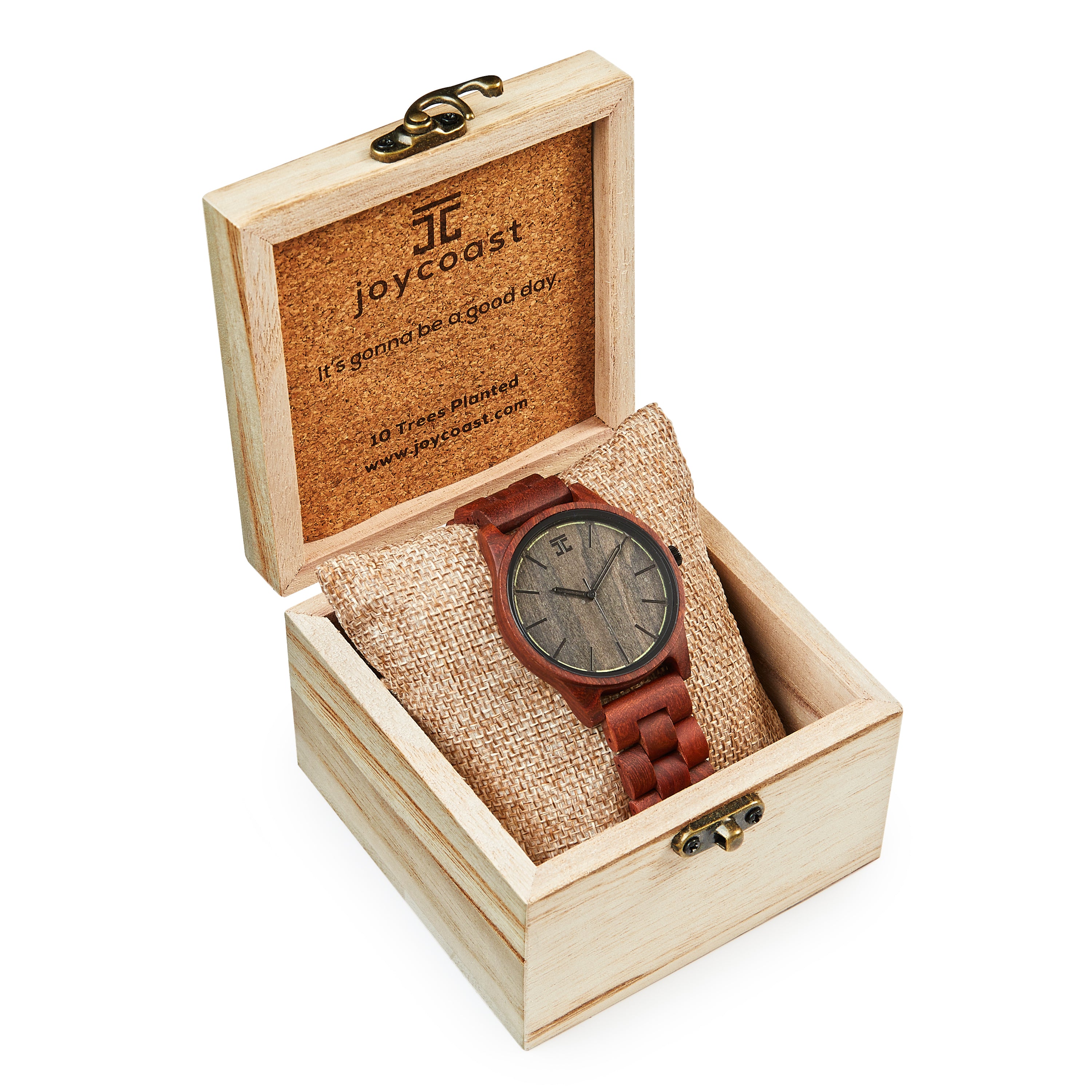 Wooden watch in a wooden box with 'joycoast' branding