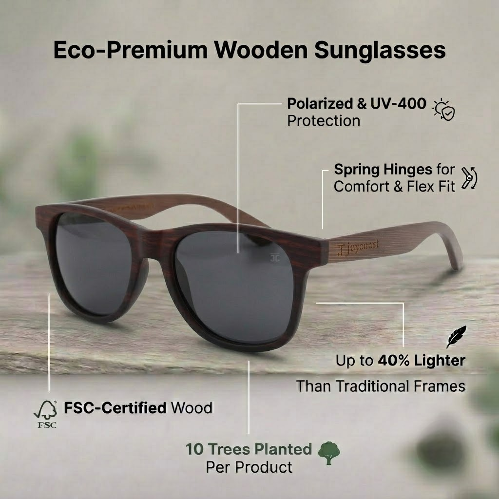 Woodgrain wooden sunglasses with dark frames and dark polarized lenses