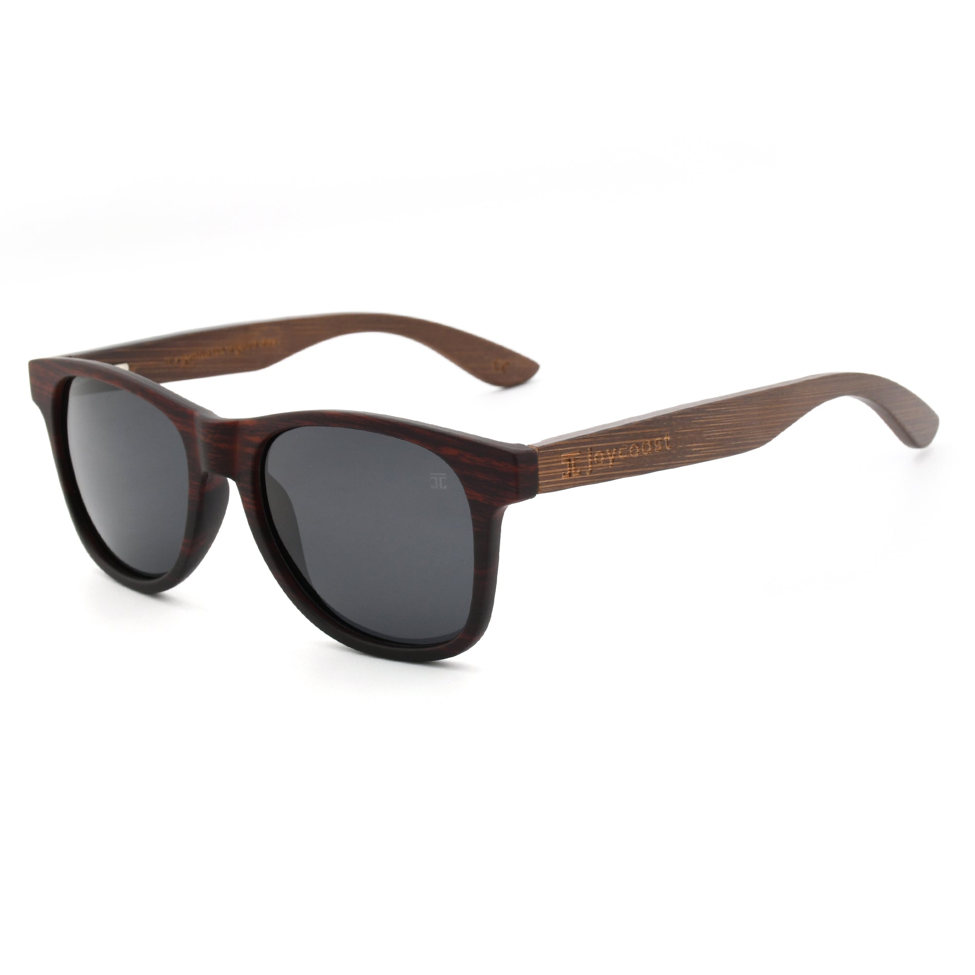 Side view wooden sunglasses with dark lenses, brown wood temples and curved nose bridge