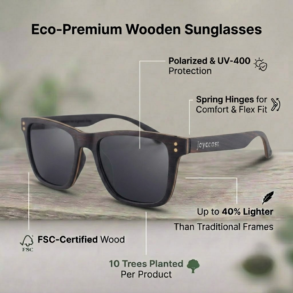 Ebony wooden sunglasses with dark square lenses and spring hinges