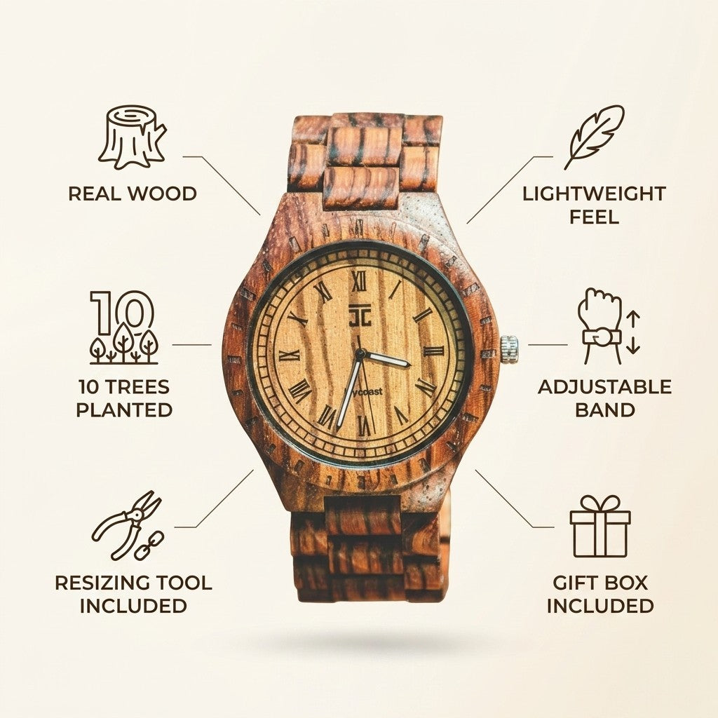 Zebrawood wooden watch with adjustable band; gift box included