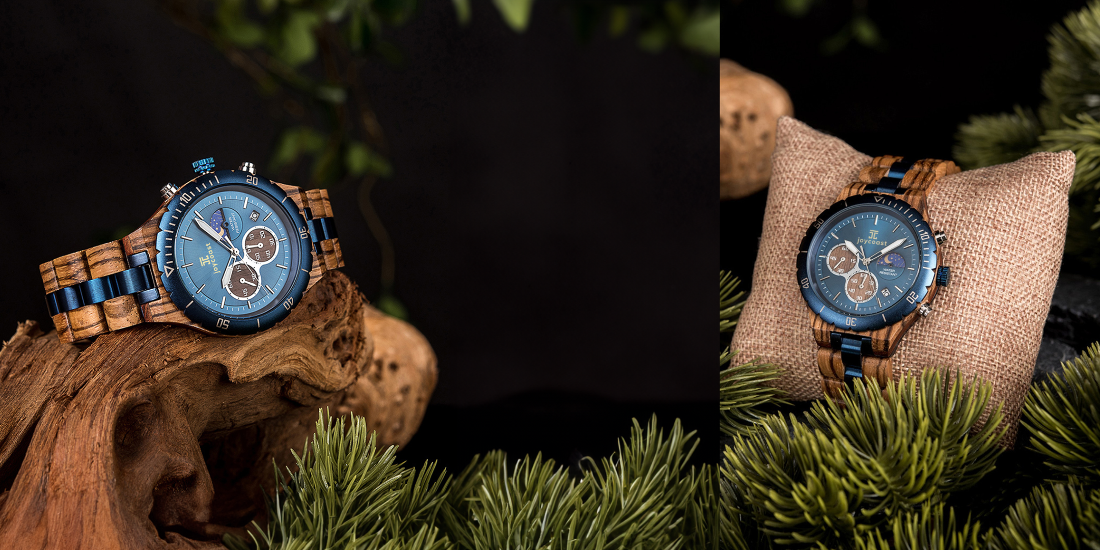 Two elegant watches displayed on a rustic wooden log, showcasing their unique designs and craftsmanship.