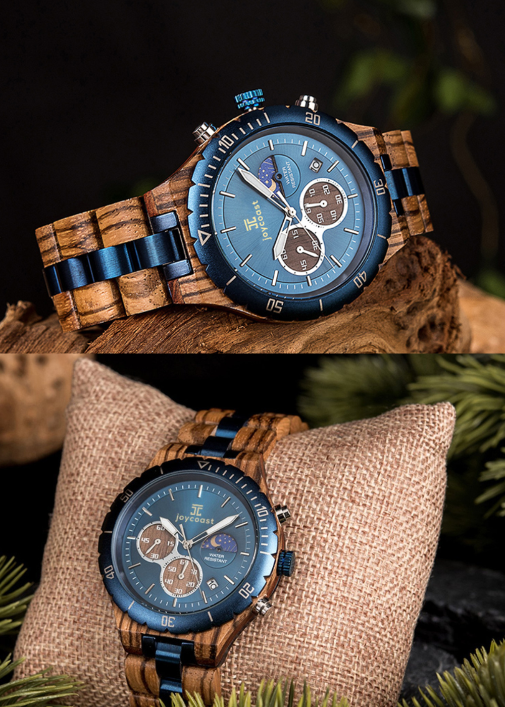  A pair of stylish watches resting on a natural wooden log, highlighting their contrasting styles and materials.