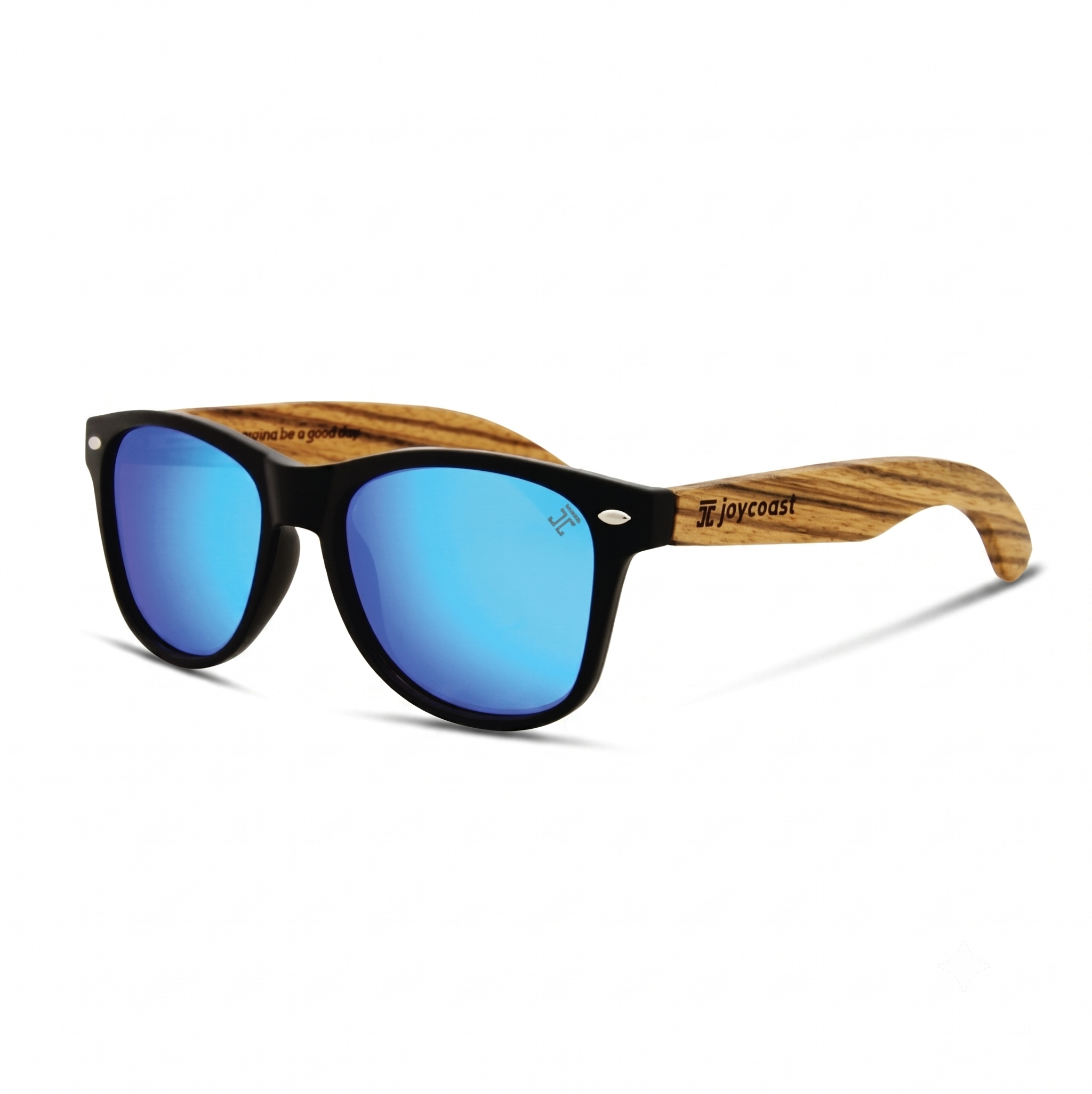 Kids wooden sunglasses side view, blue mirrored lenses with black frame and wood arms