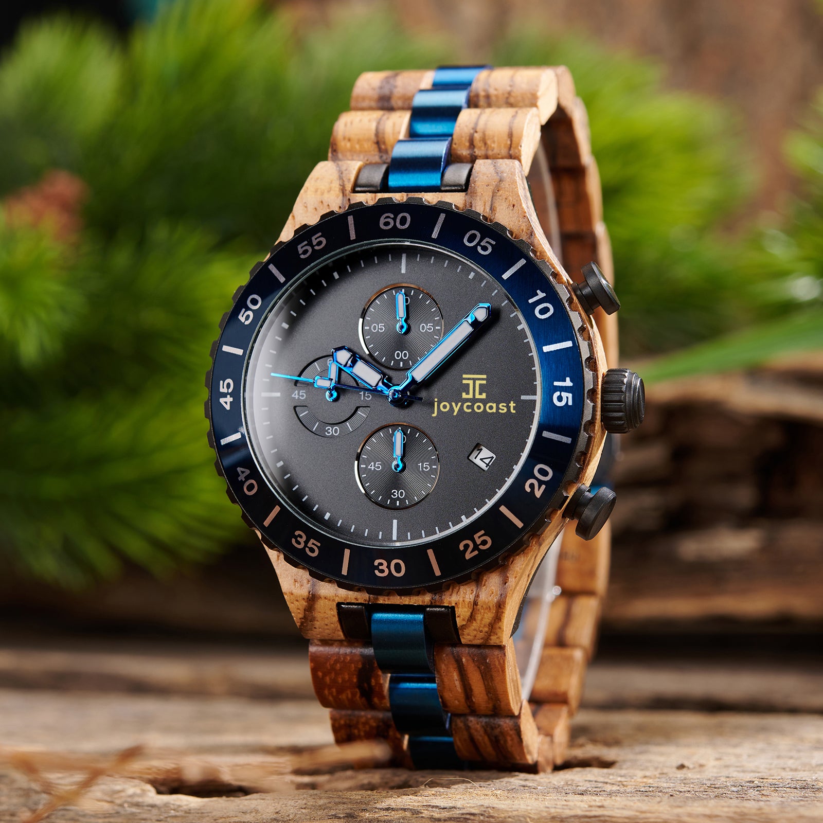 Joycoast Zion Chronograph wooden watch with dark grey face and blue accents.