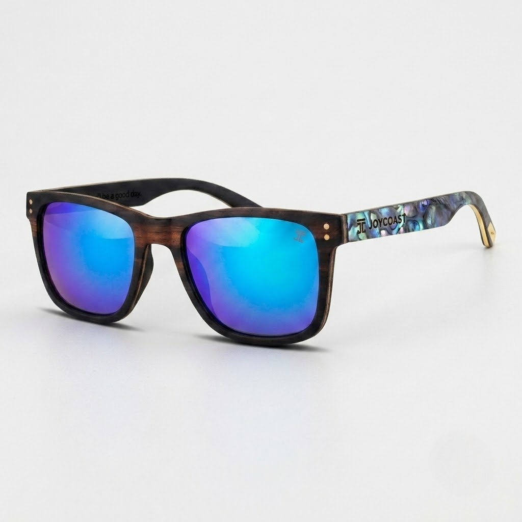 Ebony wood sunglasses with blue mirror lenses, abalone inlay temple, gold accents