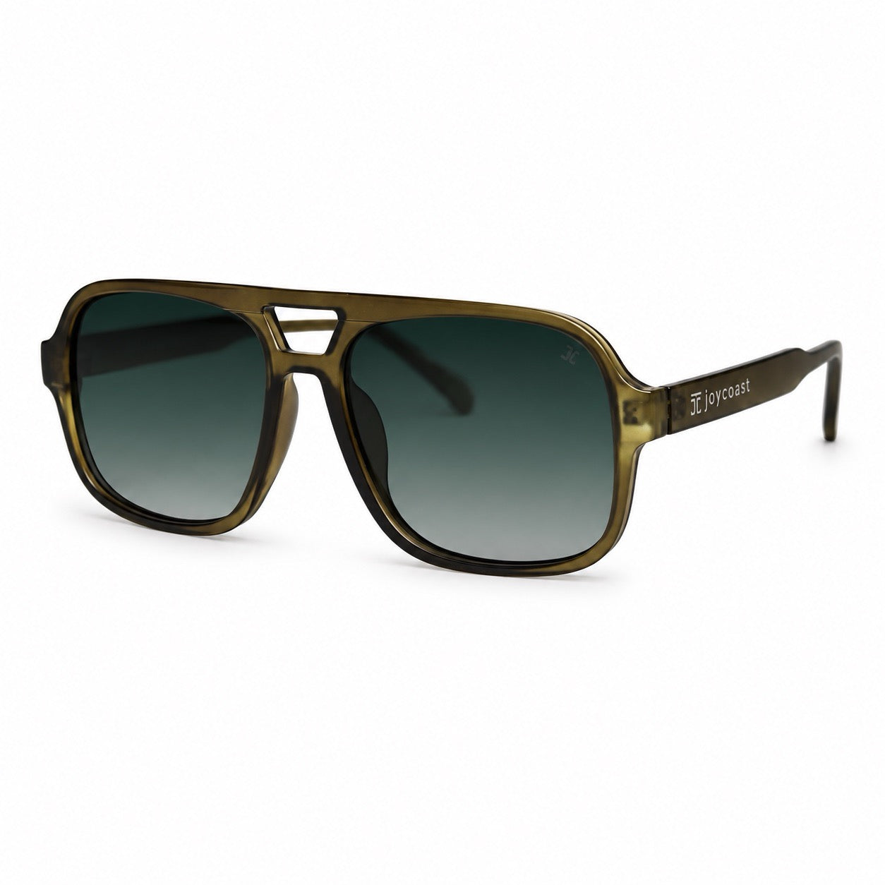 Square-rectangular sunglasses with dark green lenses and tortoise-pattern frame