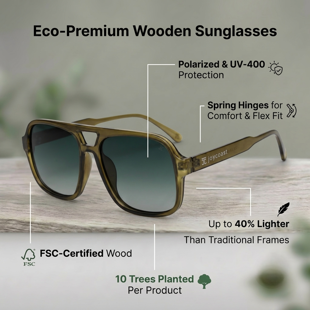 Recycled PET sunglasses with olive frame and dark green gradient lenses, side view