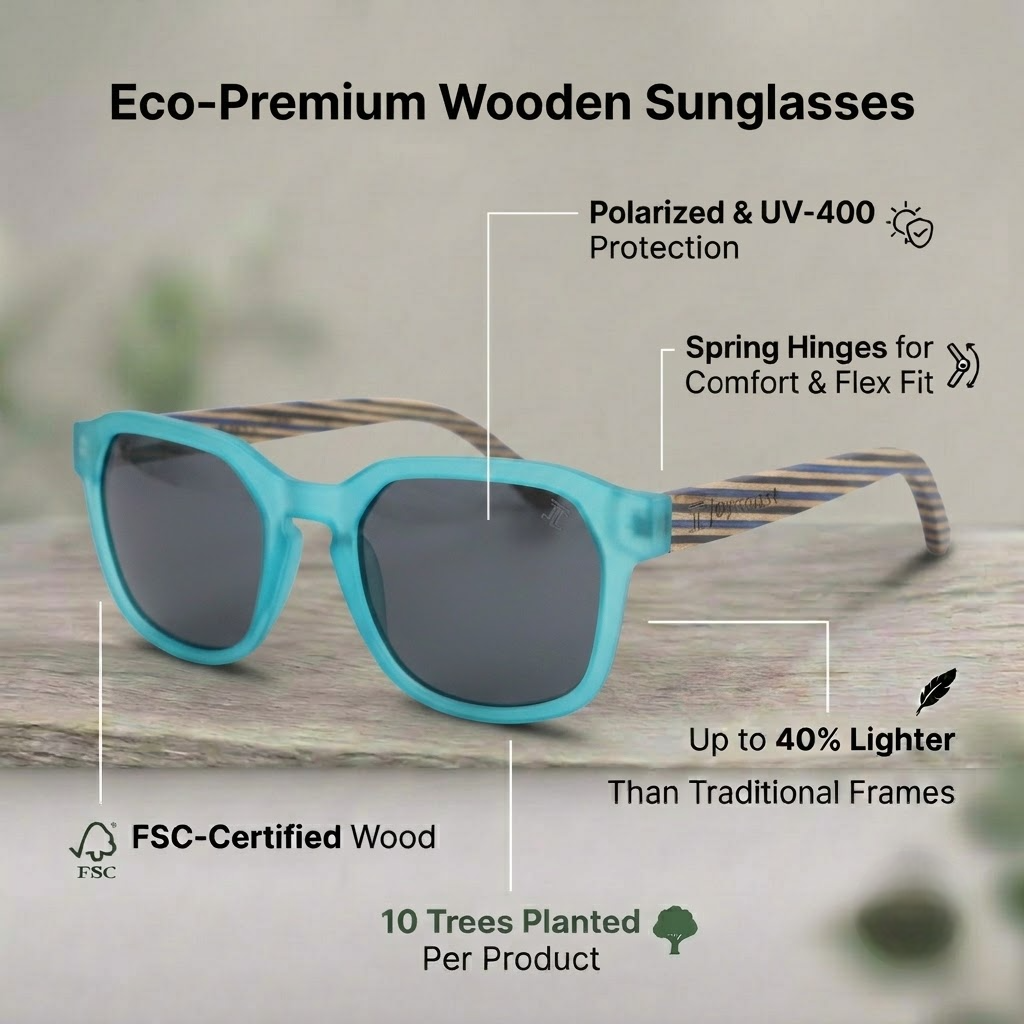 Turquoise sunglasses with dark lenses and striped bamboo-style arms