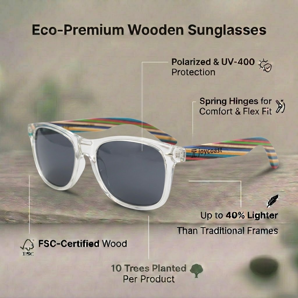Clear frame sunglasses with dark lenses and colorful stained bamboo-style wood arms