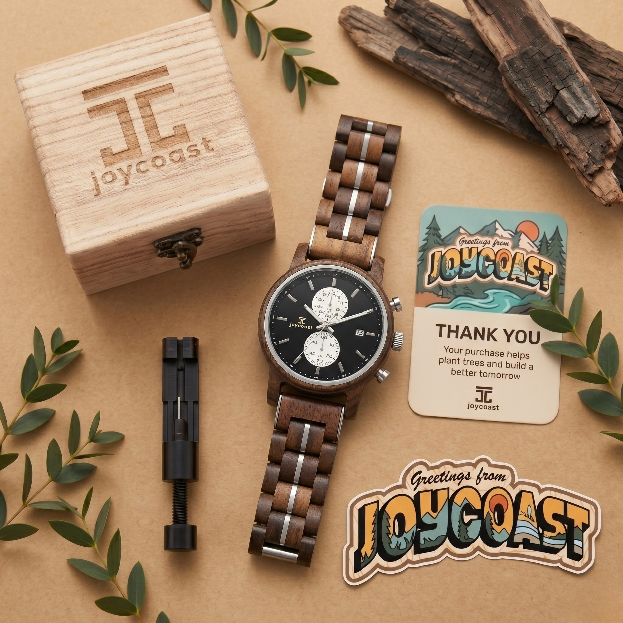 Walnut chronograph watch with dark dial and multi-link wooden bracelet