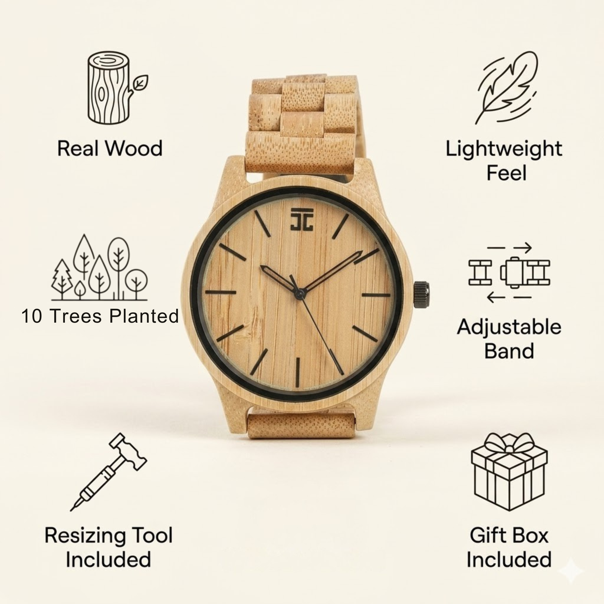 Bamboo wood wristwatch with round tan face, black hour markers, and wide interlocking band.