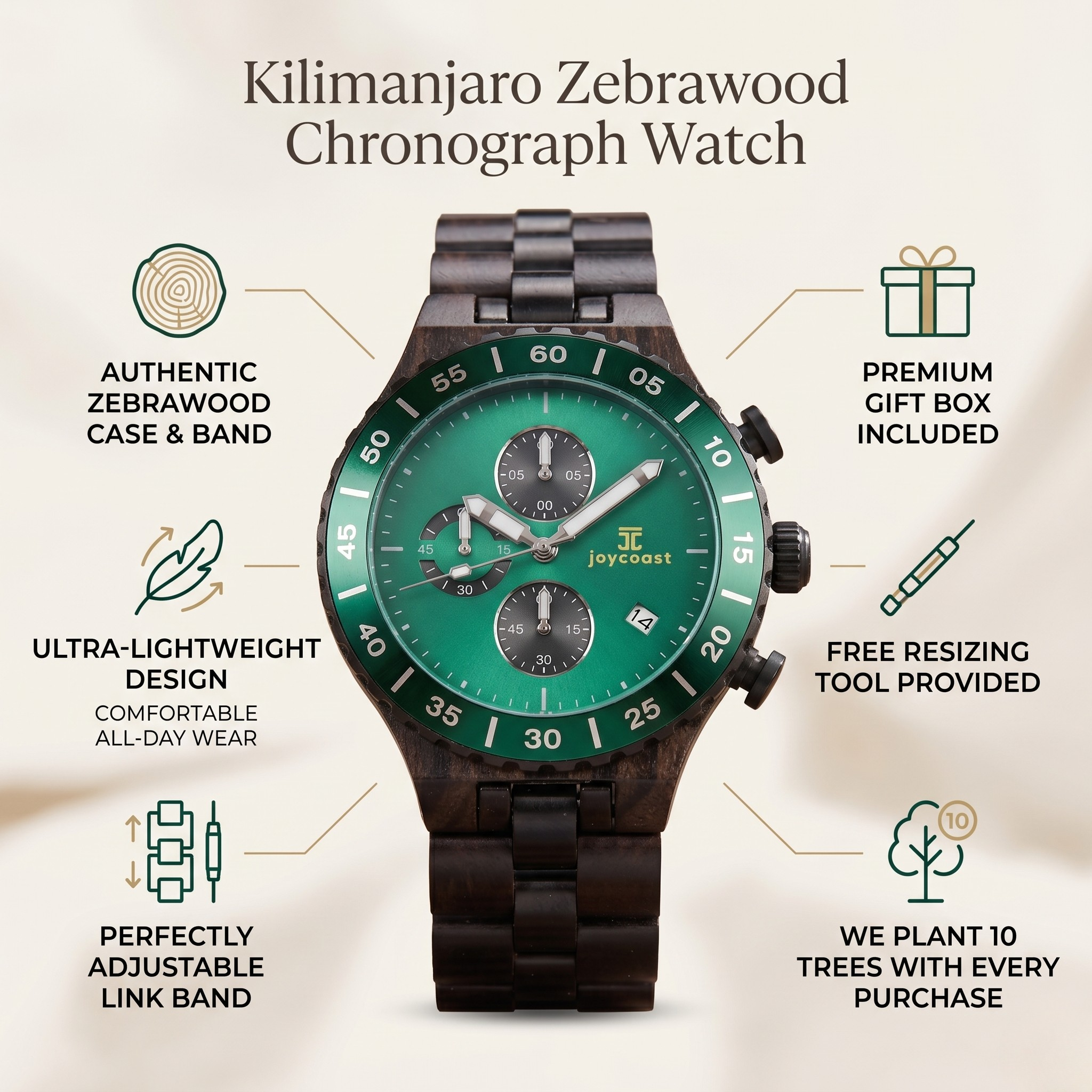 Front view chronograph watch with green dial and black wood-and-metal bracelet