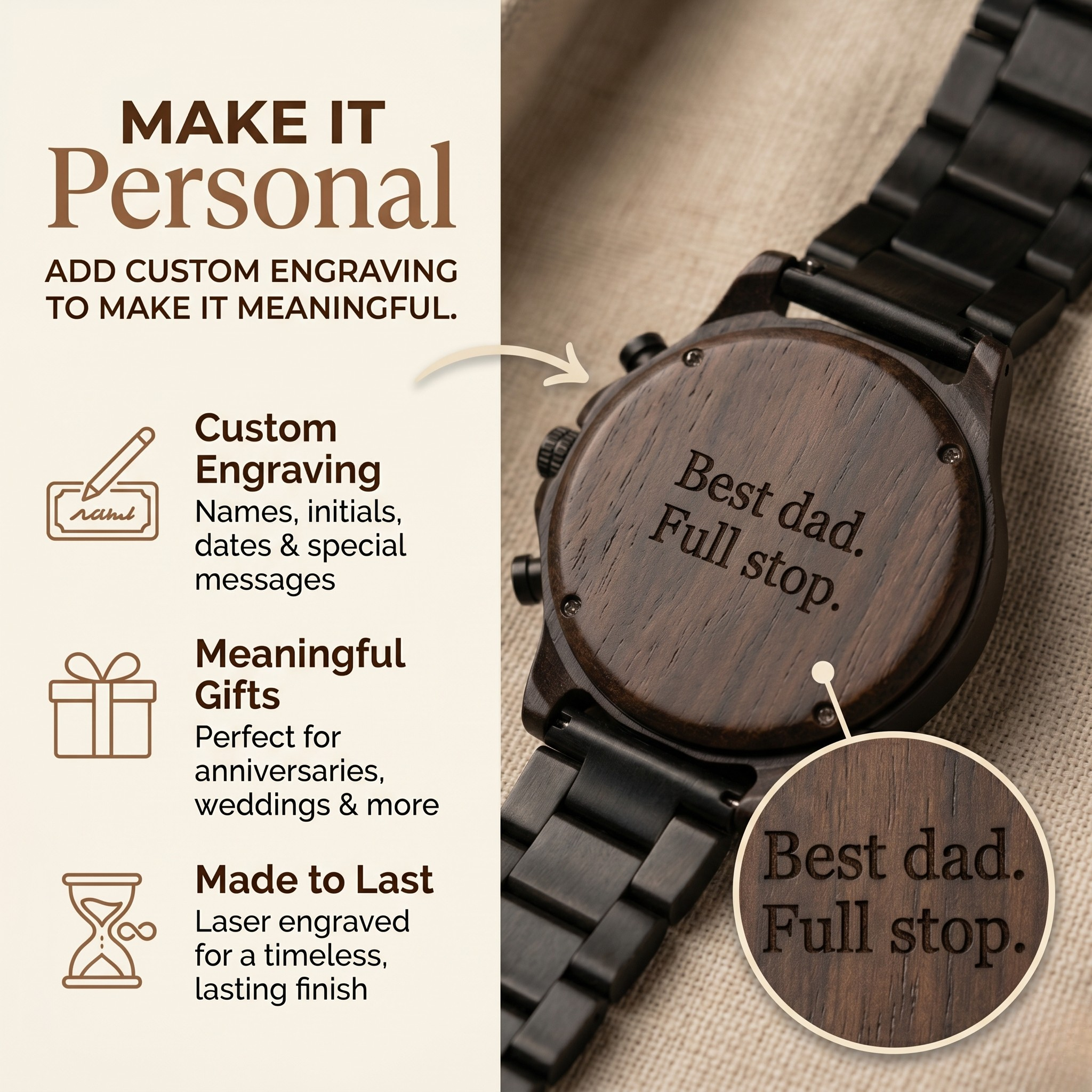 Chronograph watch back with engraved wood face and black metal bracelet