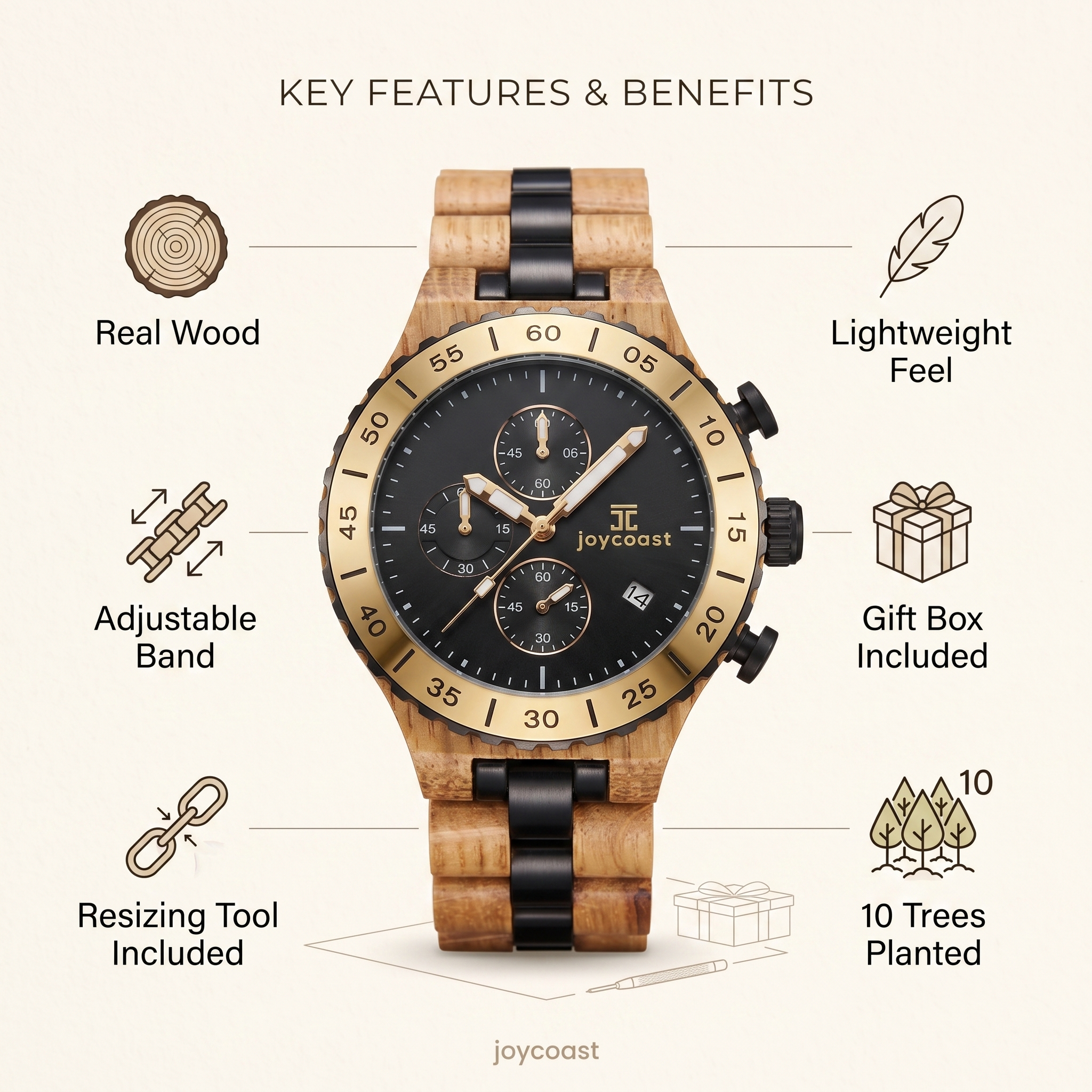 Zebrawood chronograph watch front view with adjustable wood bracelet and black dial
