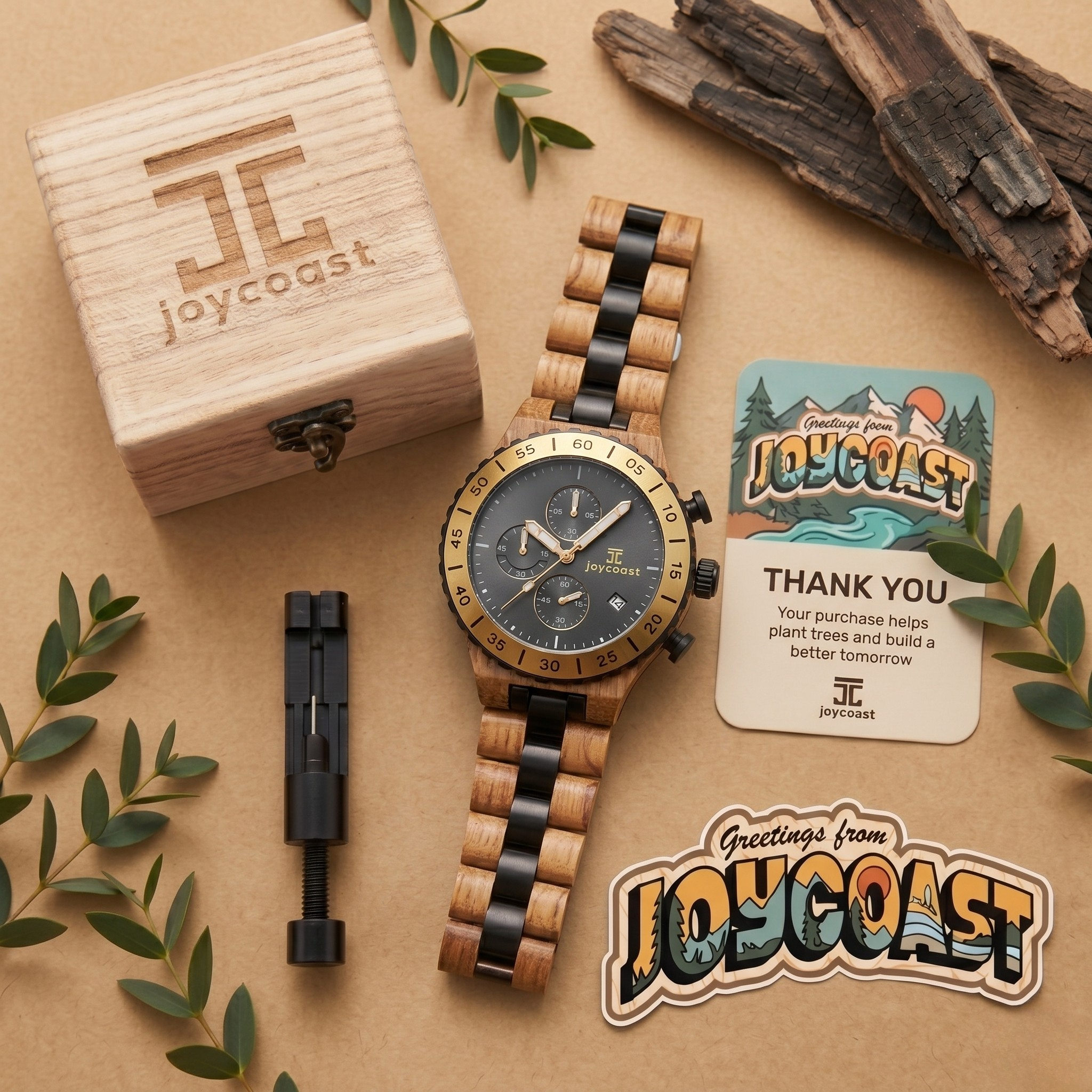 Wood-and-black chronograph watch with gift box and thank-you card